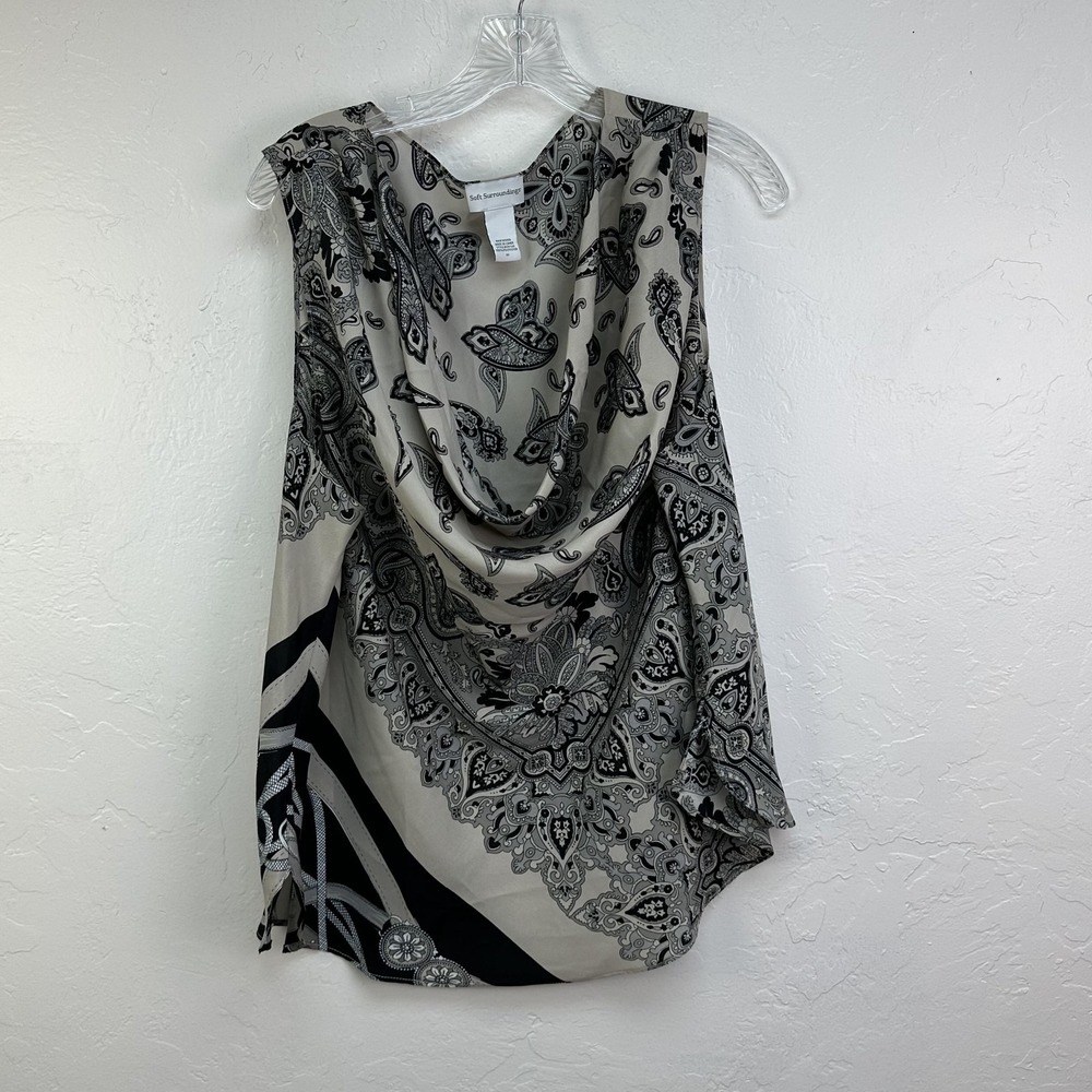 Soft Surroundings Blouse Womens 2X Black Gray Paisley Cowl Neck Sleeveless Top